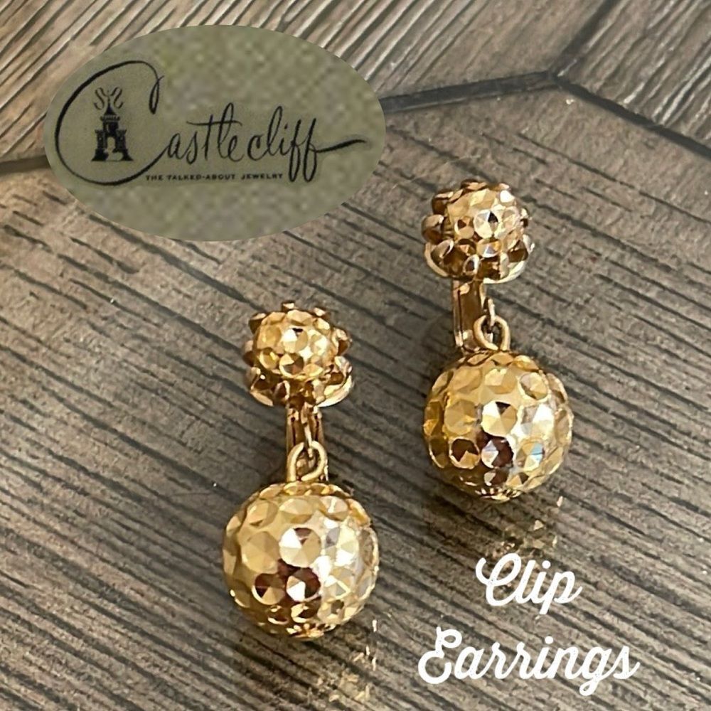 Vintage Castelcliff Gold Ball Dangling Clip Earrings